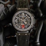 Grey Steel - Black Leather - Chronograph -Automatic - 45mm